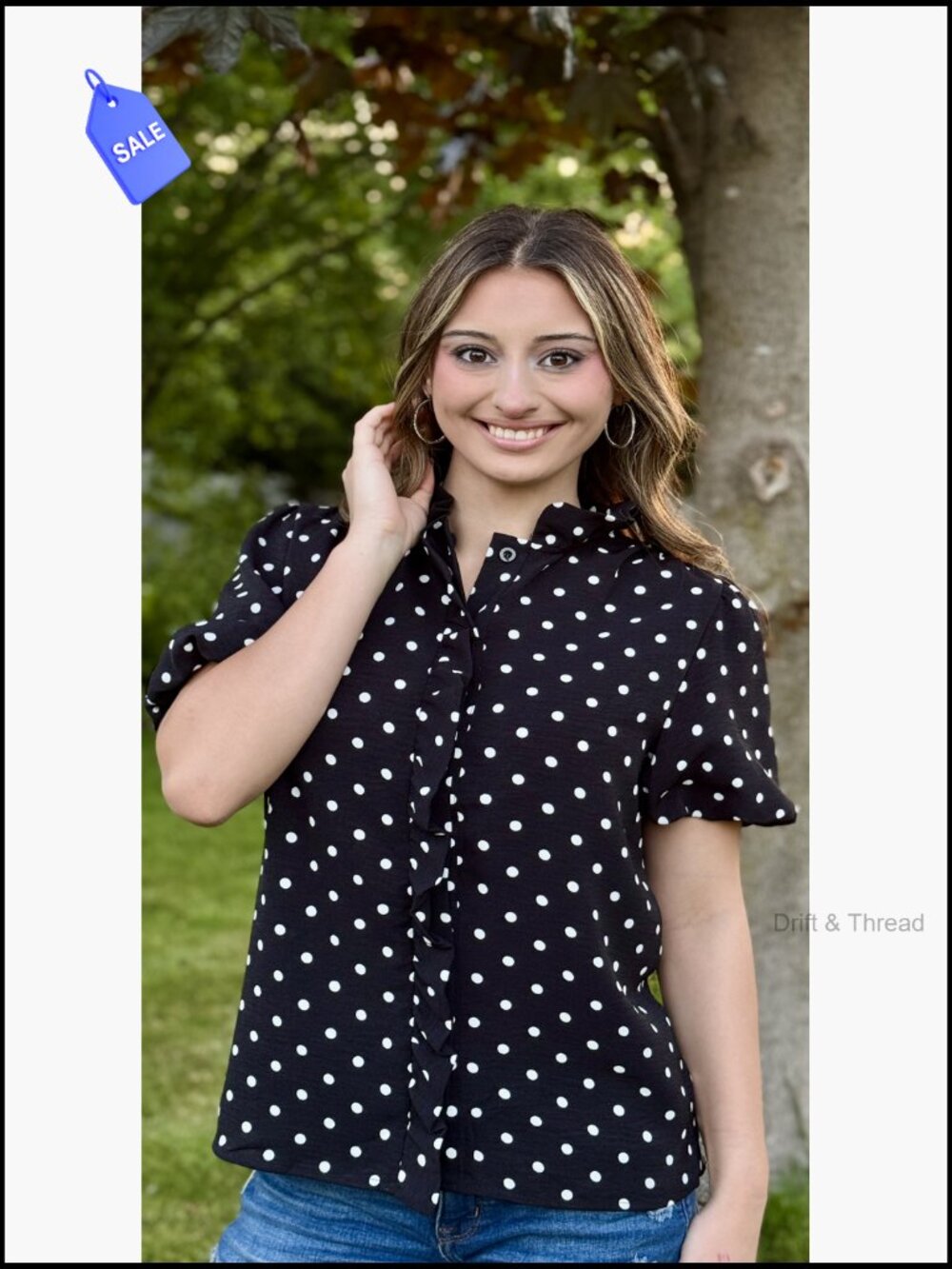 Short Puff Sleeve Button Down Shirt Striped Ruffle Collar Blouse Business - Picture 7 of 7